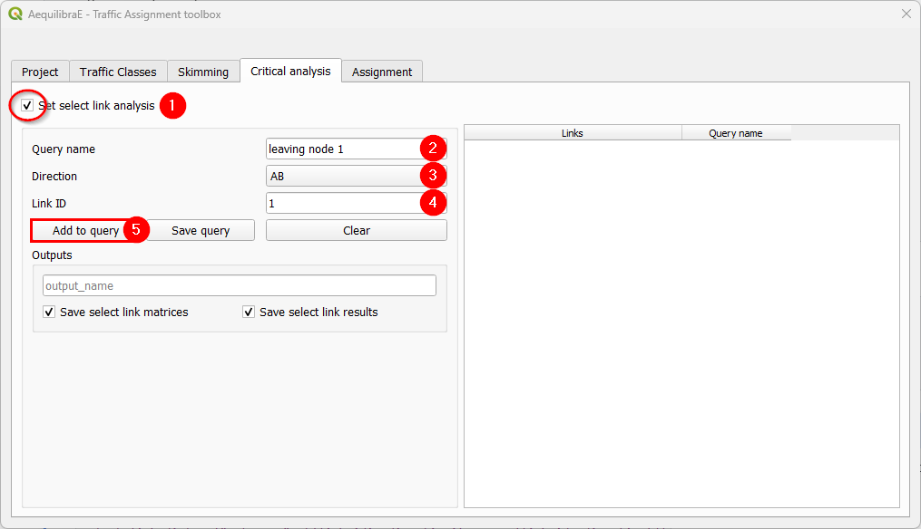 Configure select link analysis on traffic assignment