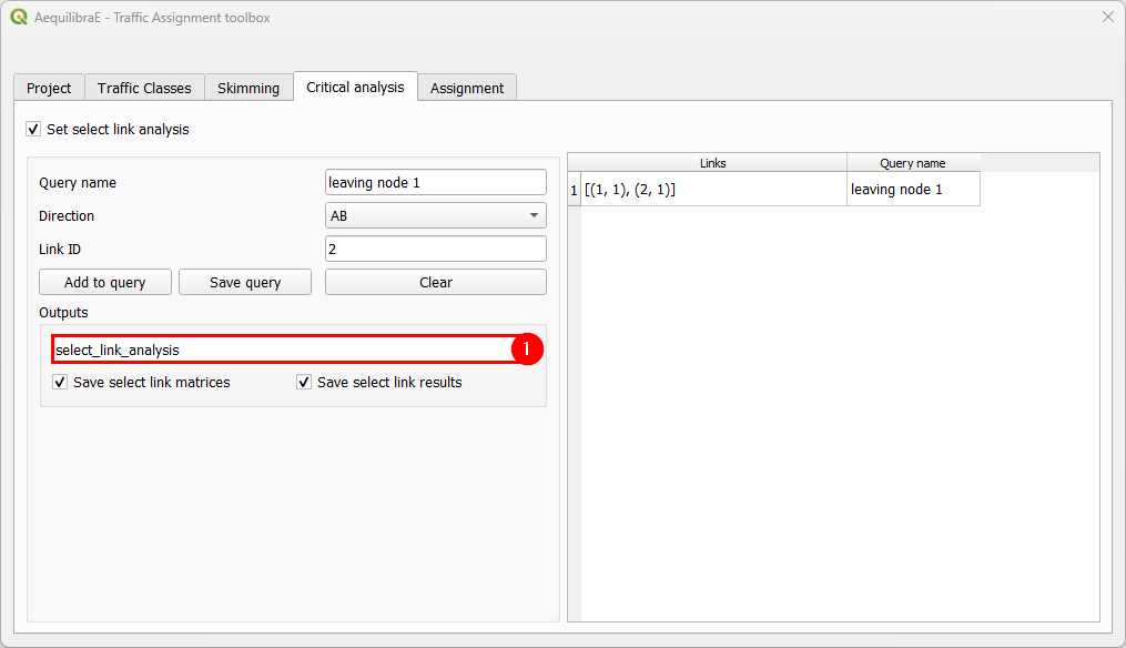 Set output name for select link analysis