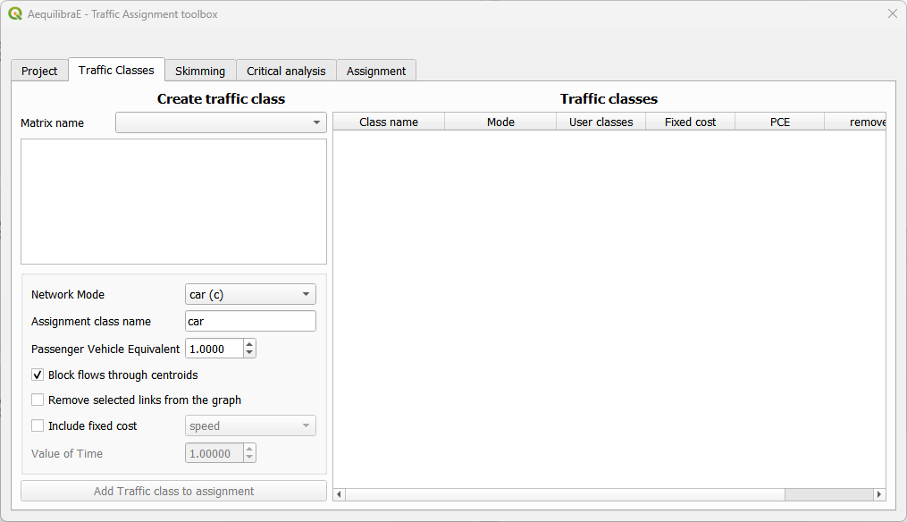 Traffic assignment traffic classes tab