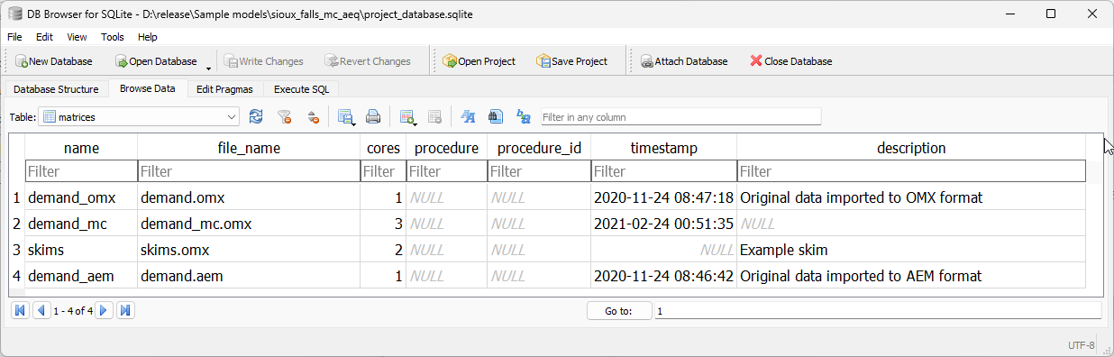 Matrices table structure
